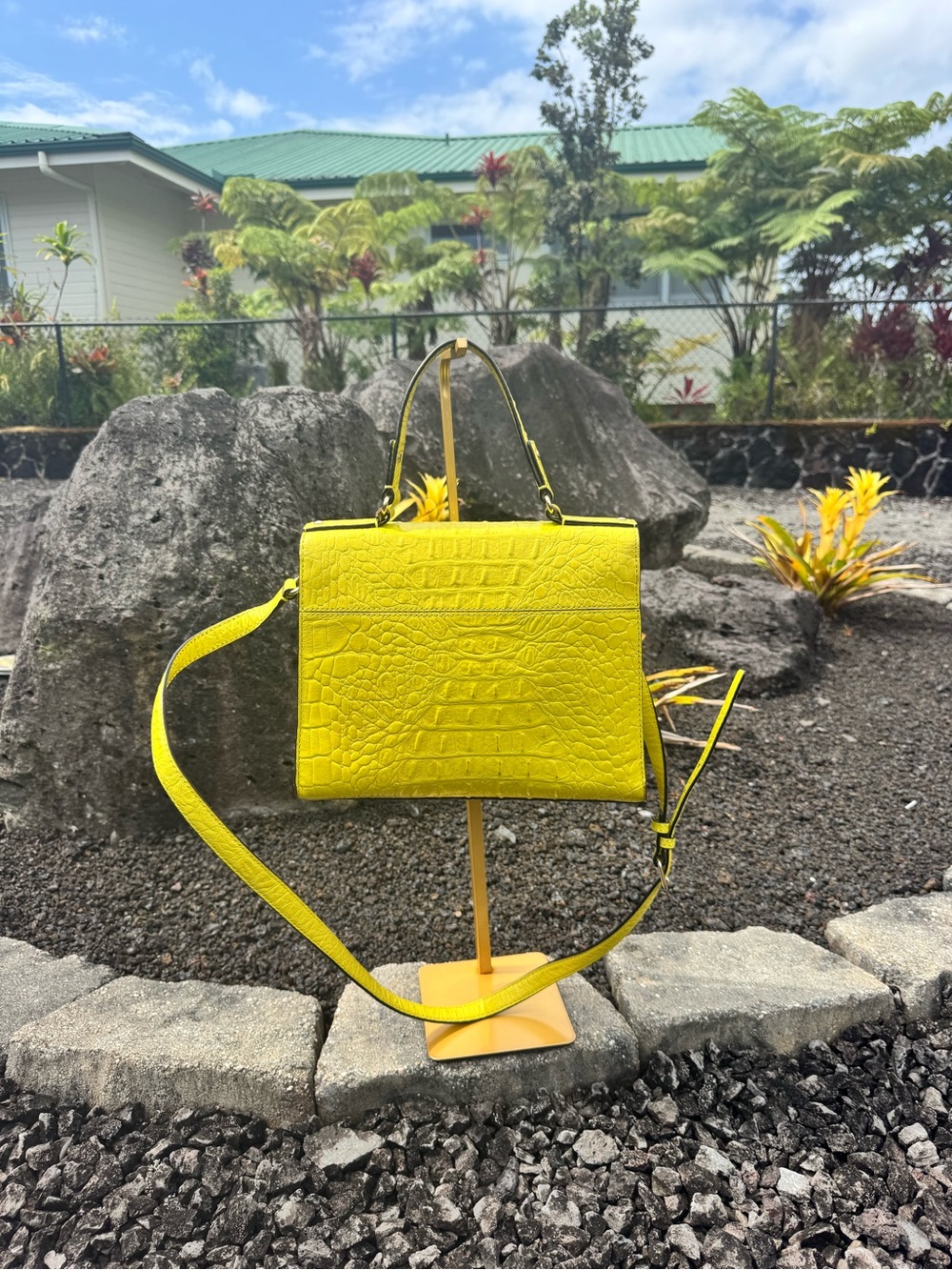 Kate Spade New York Yellow Croc Embossed Leather Satchel Crossbody Bag - Picture 3 of 10